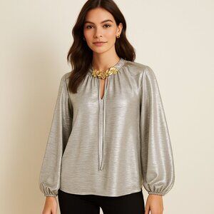 LOFT Silver Metallic Blouse Medium NWT Holiday Party Top